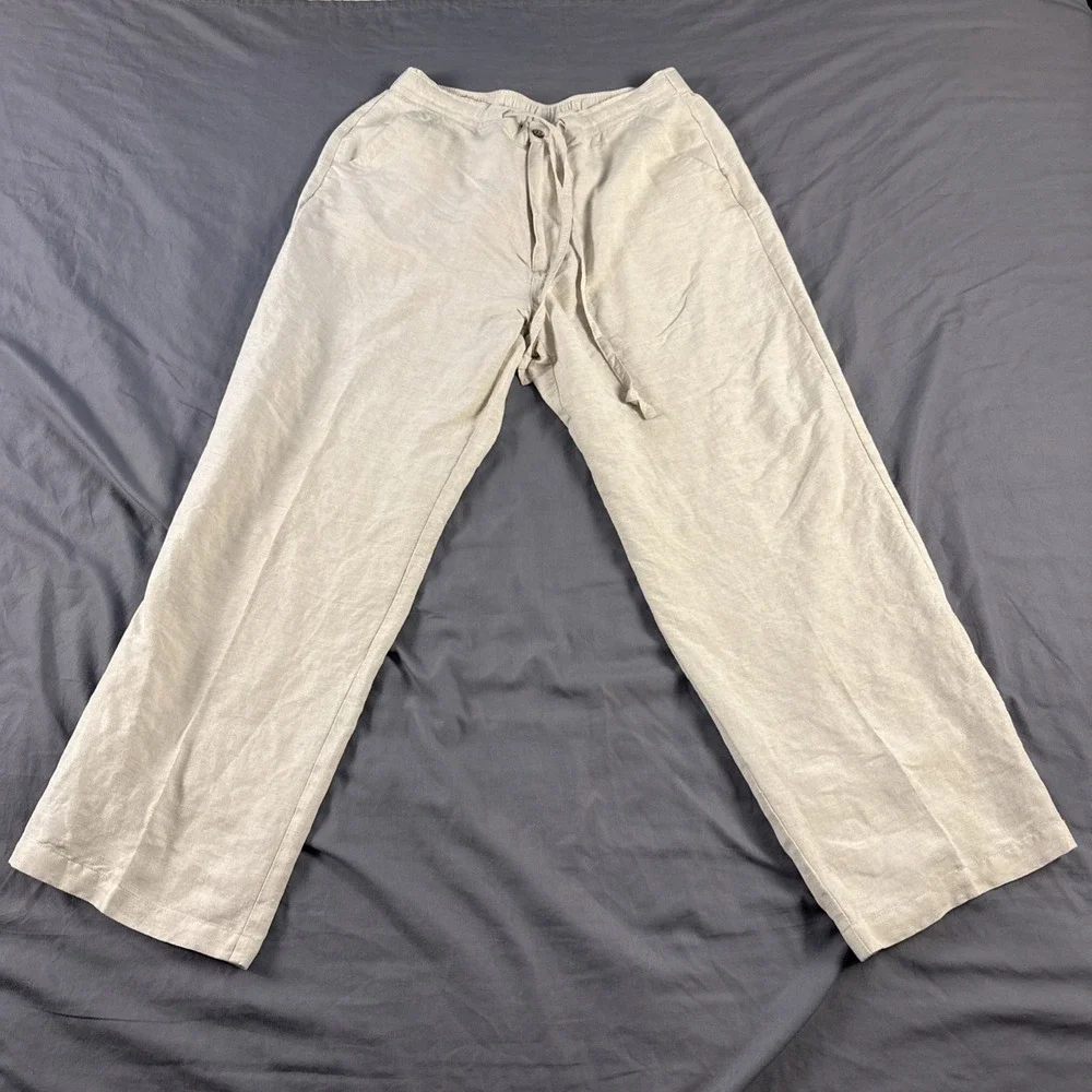 Cubavera Linen Blend Pants Mens Large Light Khaki Drawstring Elastic Waist